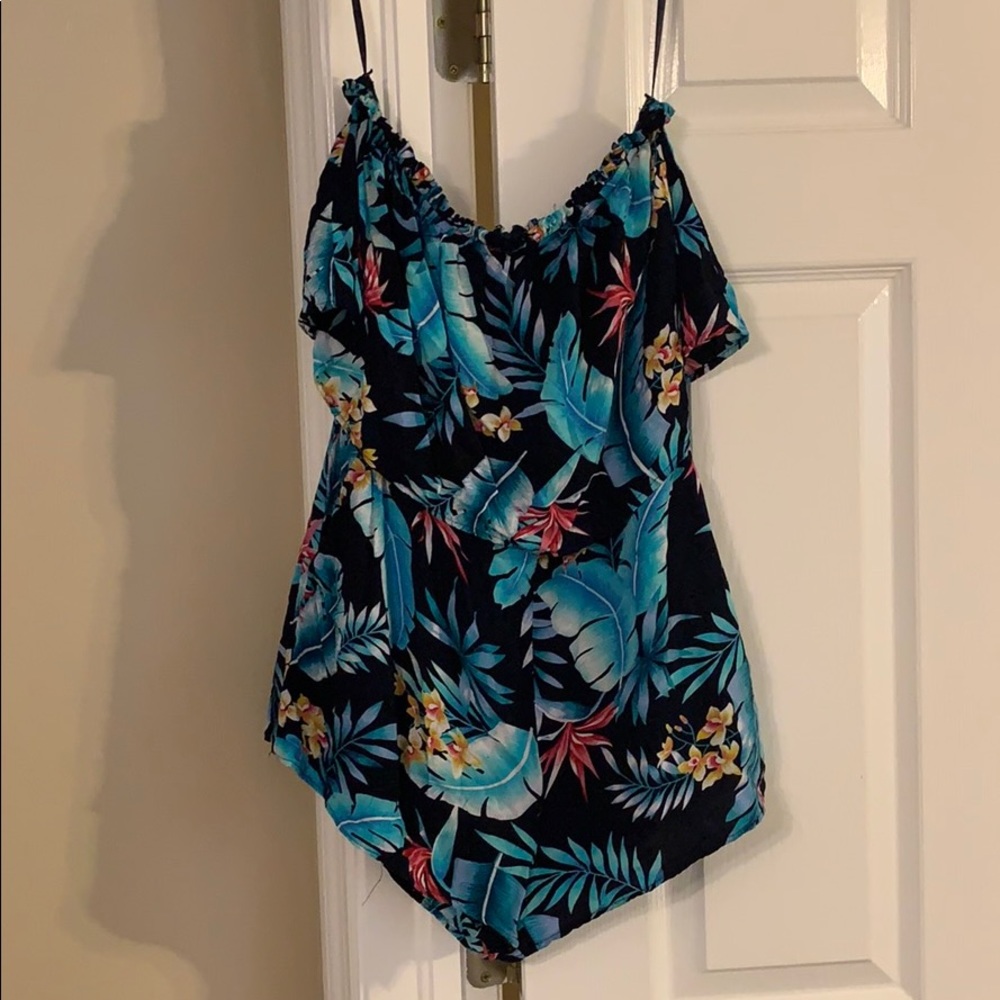 Tropical print romper, strapless, zip back